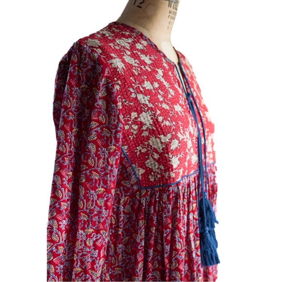 Indian Boho Block Print Hand Stitched Red Kantha Bodice Maxi Dress Sz Small - Picture 9 of 11